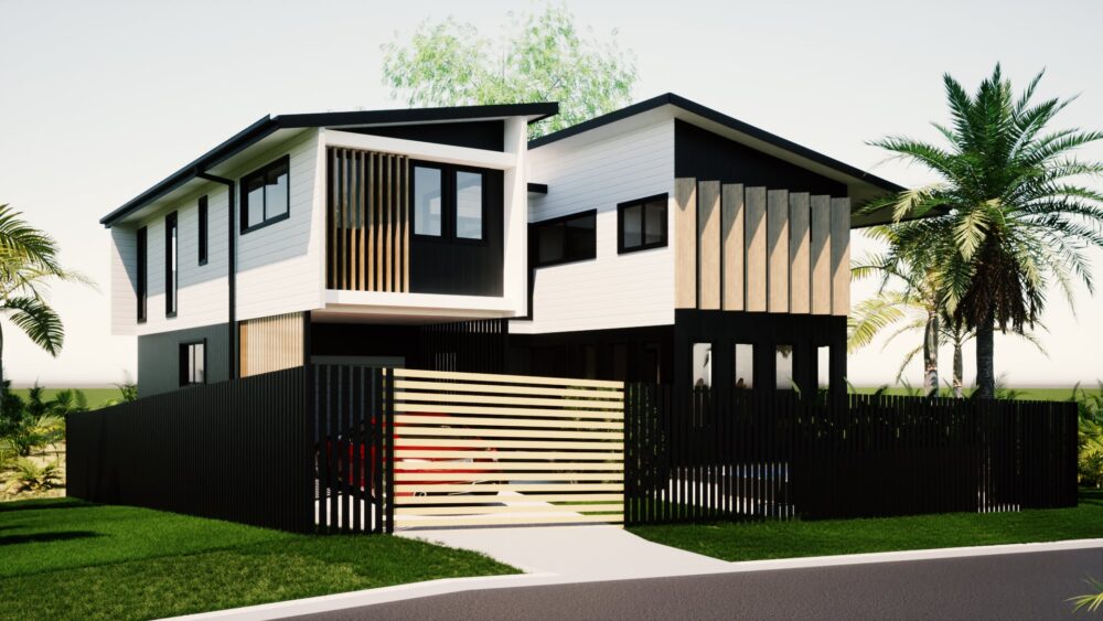 Render of a two-storey home with timber battens and black fencing