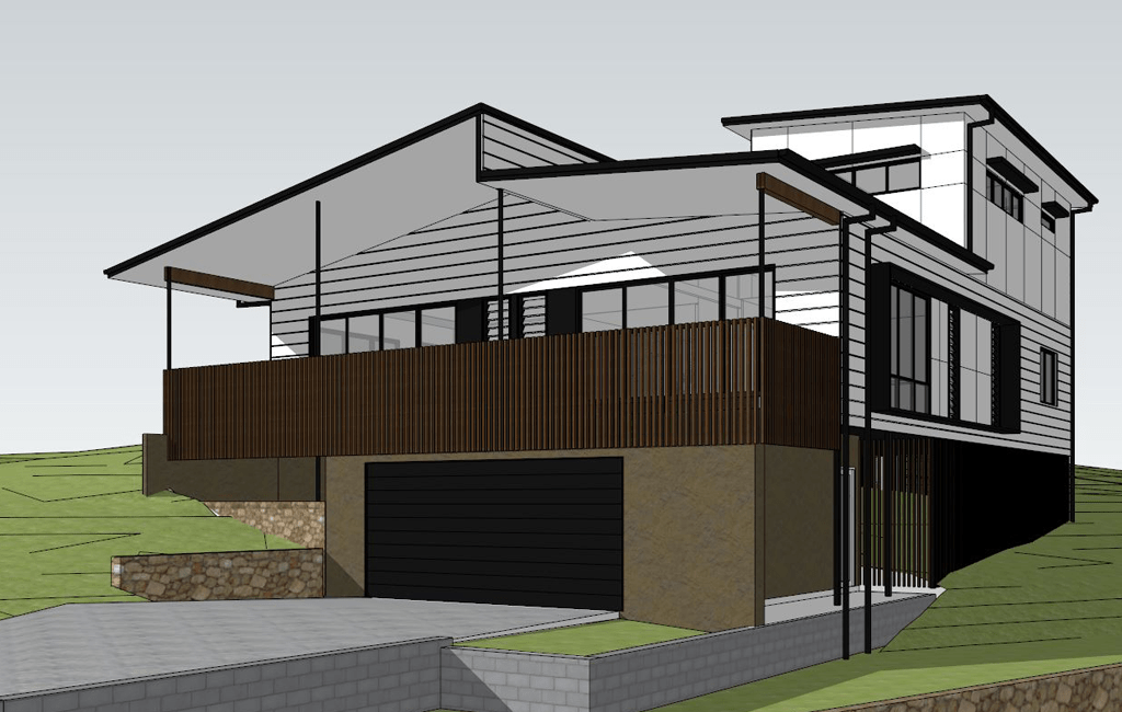 Design model of a modern hillside home with timber screening